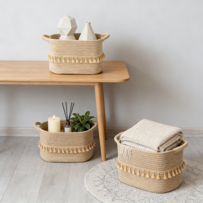 Woven Cotton Storage Baskets 3-Pack, Decorative Organizing Baskets For Toys, Clothes, Blankets, And Home Essentials, Flexible And Durable With Handles For Living Room, Nursery, And Bathroom