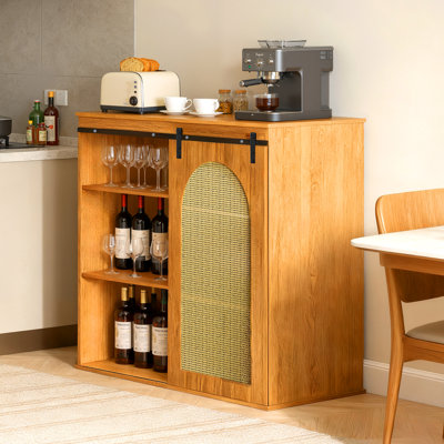 43" Farmhouse Brown Wood Bar Cabinet With Storage For 101 Can Mini Fridge Sideboard Buffet Storage Cabinet With Adjustable Shelves And Rattan Sliding by Gracie Oaks