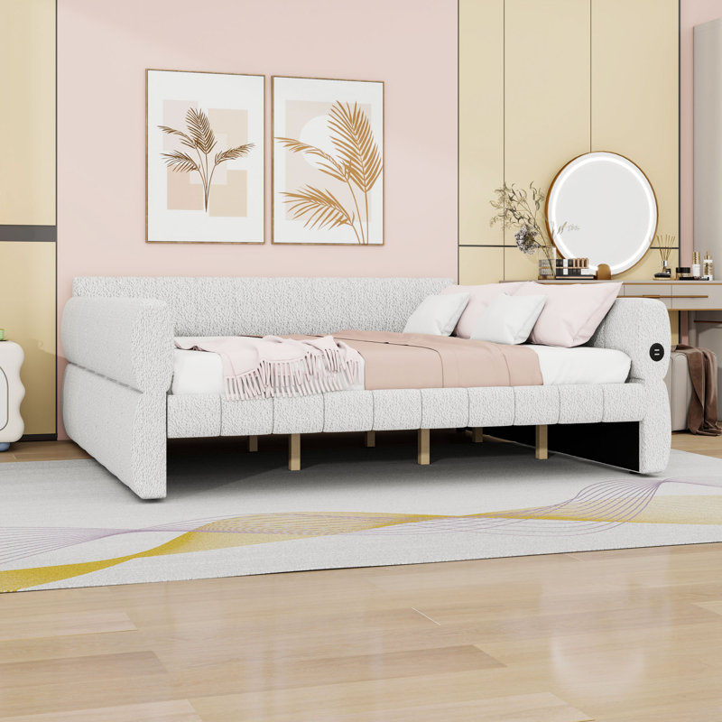 King Size Daybed with USB Charging and Slats, White