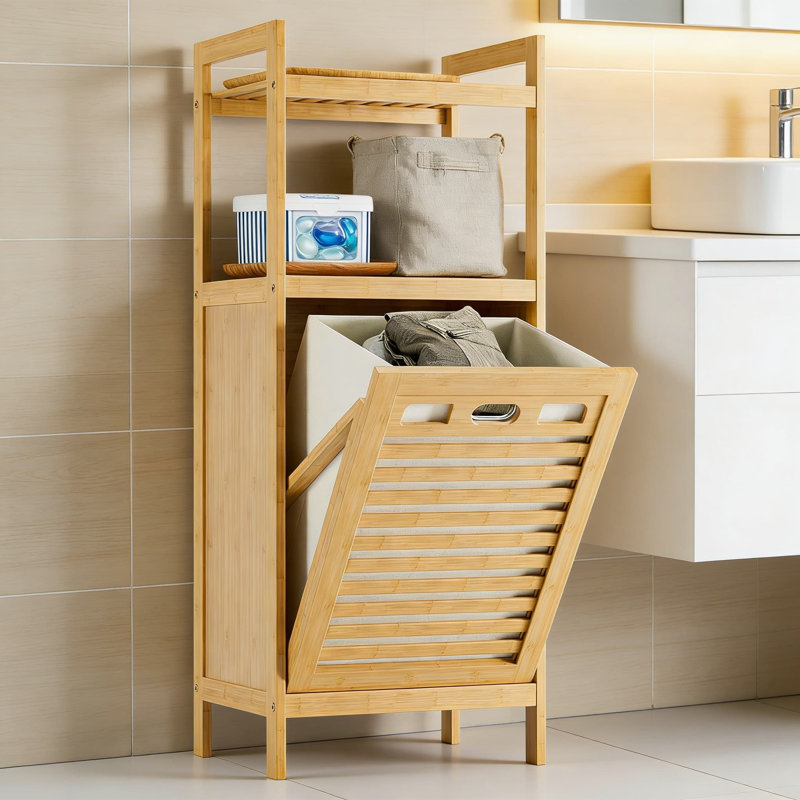 Bamboo Tilt-Out Laundry Hamper Cabinet With Removable Bag And 2 Open Shelves, Freestanding Storage Organizer For Bathroom, Bedroom, Or Living Room