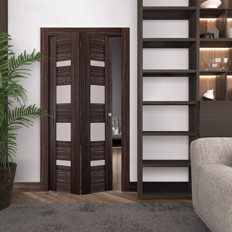 Porte pliante en bois et verre Mirella avec trousse de quincaillerie d'installation, 48 po x 79,38 po, Chêne