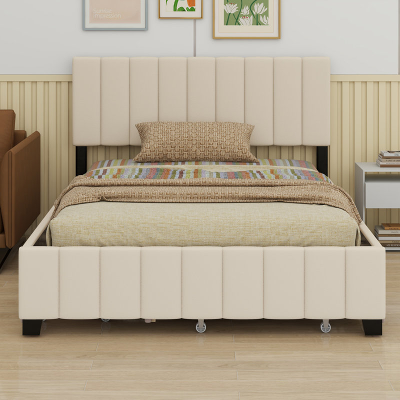 Lit plateforme tapissier avec 2 tiroirs et lit gigogne, Beige