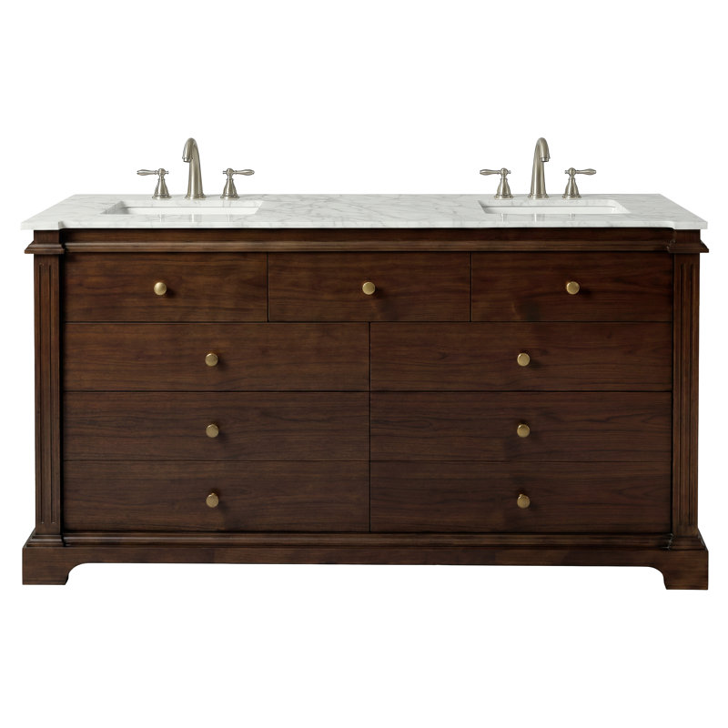 Rachelle 72"W Marble 5 Drawer Double Bathroom Vanity, Brown, Walnut Brown