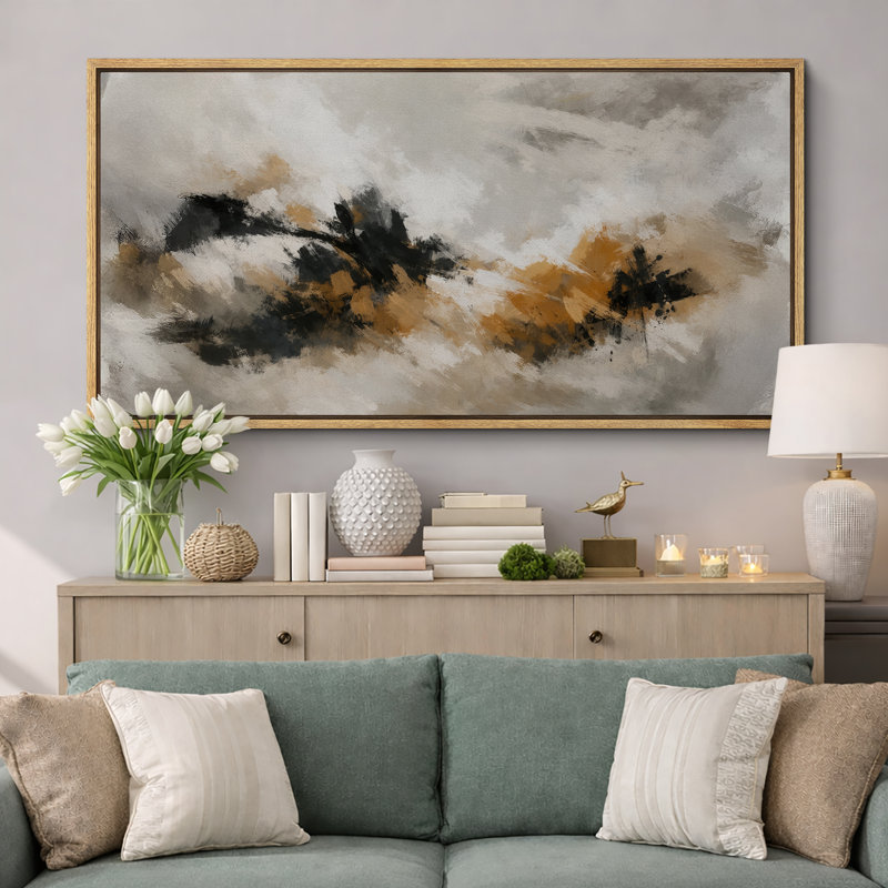 Bold Neutral Abstract Artwork with Black and Ochre Forms, Living Room Pictures, Framed Canvas Giclee Print Wall Art