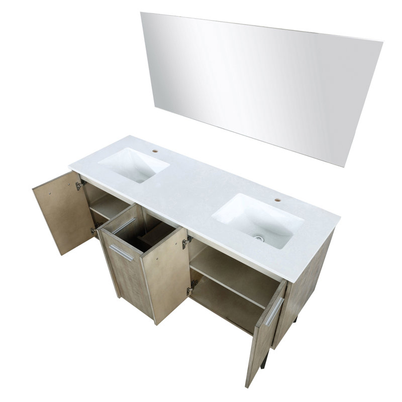 Ensemble de meuble-lavabo double en acacia rustique P 20 po, comptoir en quartz, robinet et miroir 55 po, L 60 po