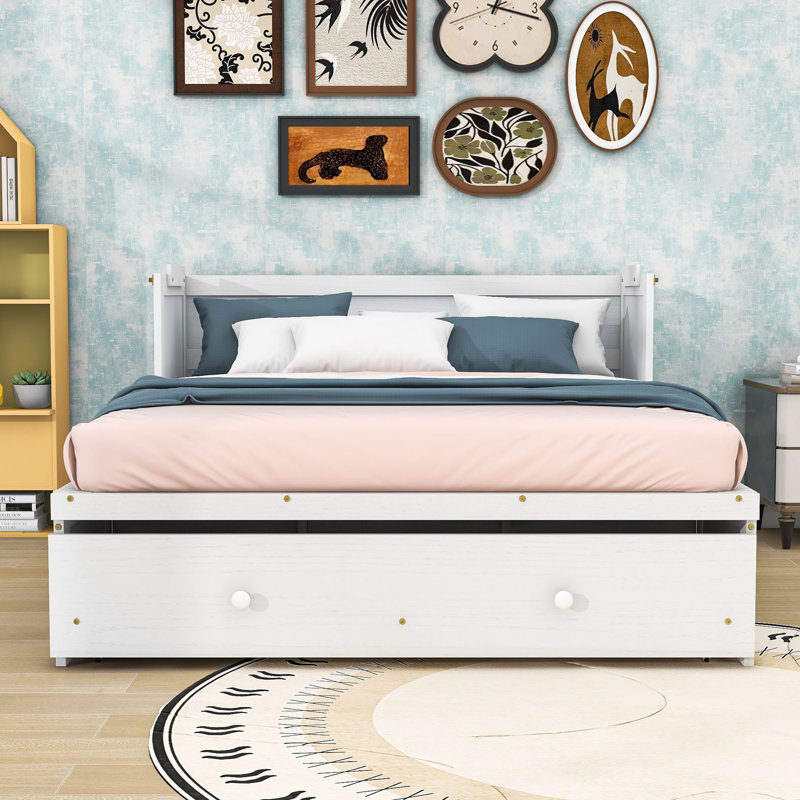Lit escamotable en bois avec tiroir de rangement, port USB et lattes, Complète, Blanc