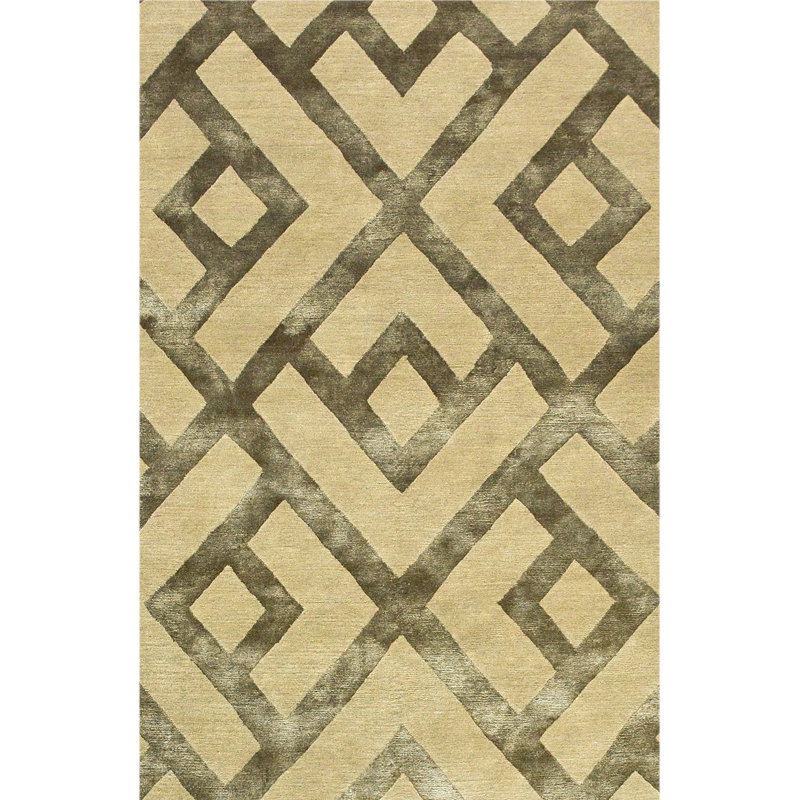 Tapis géométrique rectangulaire en laine / soie noué à la main, Rectangle 3 pi x 5 pi