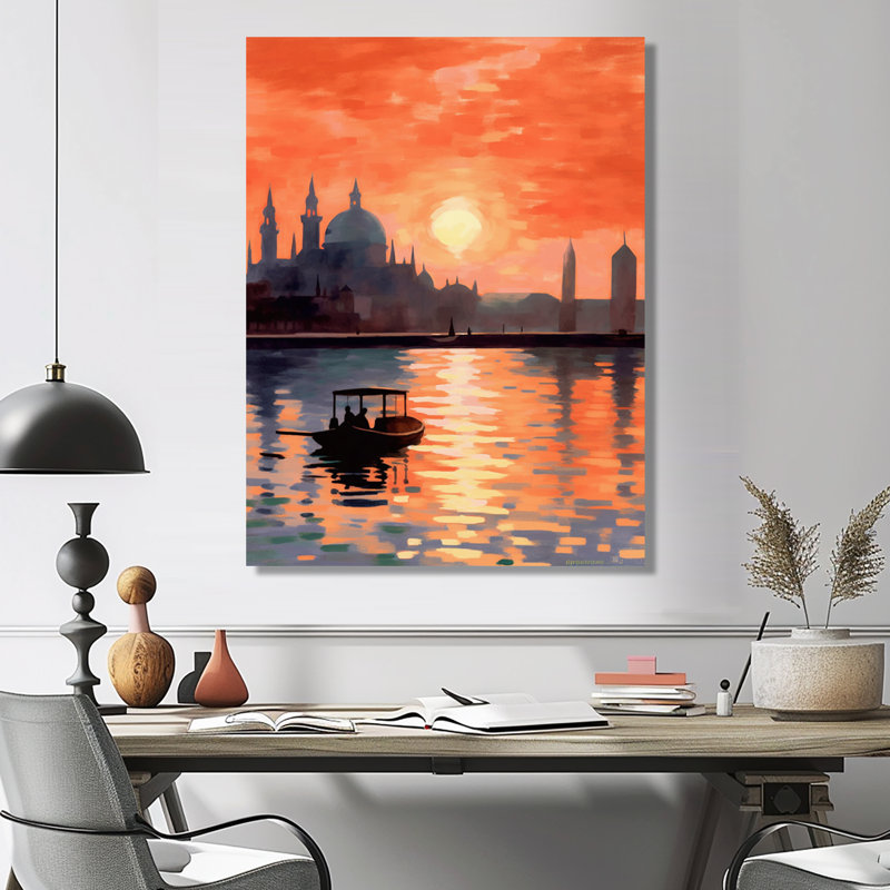 Bateau sur le Grand Canal, orange vif, coucher de soleil - impression d'art mural Venise, Toile avec cadre flottant or
