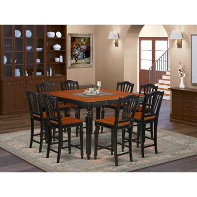 9 Piece Kitchen Counter Height Dining Table Set Includes a Square Wooden Table with Butterfly Leaf and 8 Dining Chairs, 54x54 Inch, Black & Cherry