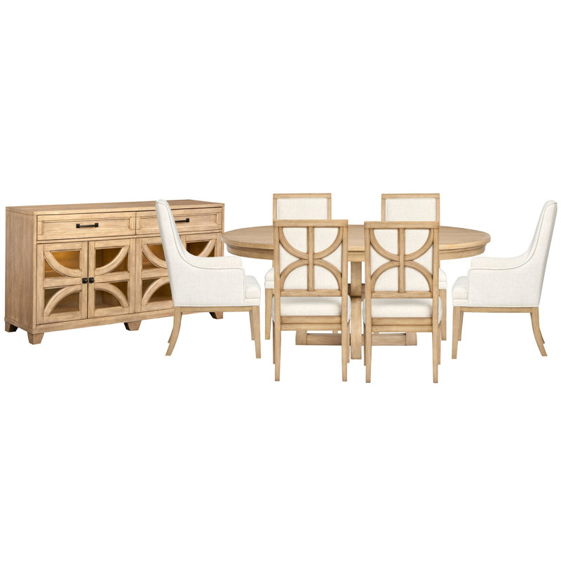 Table de salle à manger extensible ronde 48 po avec 4 chaises d'appoint rembourrées, 2 chaises et un buffet