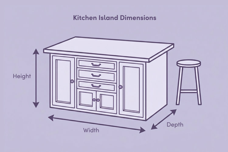 illustration of kitchen island dimensions including height, width, and depth