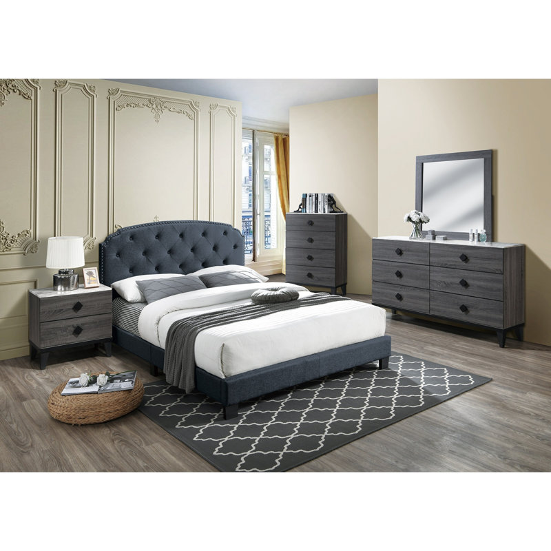 Lit plateforme tapissier en bois massif, Grand, Gris pale