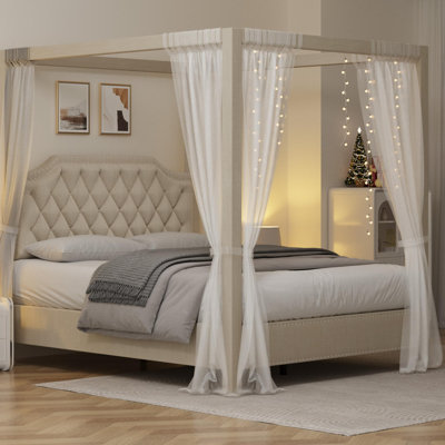 Full Canopy Bed Frame with Nailhead Headboard, Upholstered with Poles & 4 Corner Brackets