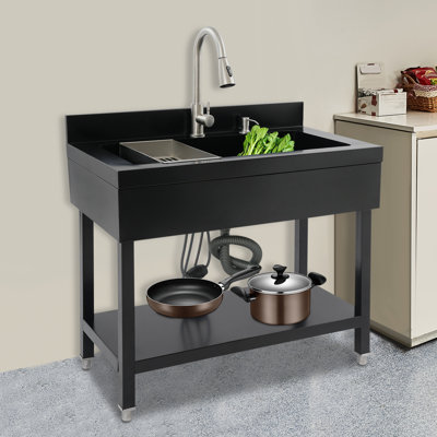 Évier de cuisine sur pied Évier utilitaire en acier inoxydable Évier de buanderie et de buanderie Rectangulaire à cuve simple avec robinet escamotable