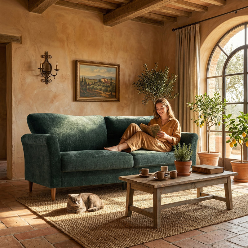81" Green Linen 3-Seat Deep Seat Sofa, Mid-Century Modern Upholstered with Rolled Arms and Tapered Wood Legs, Removable Cushion Covers