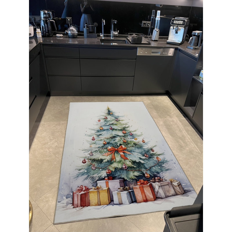 Tapis décoratif de Noël beige et multicolore, Tapis de couloir 3 pi 3,37 po x 6 pi 6,74 po