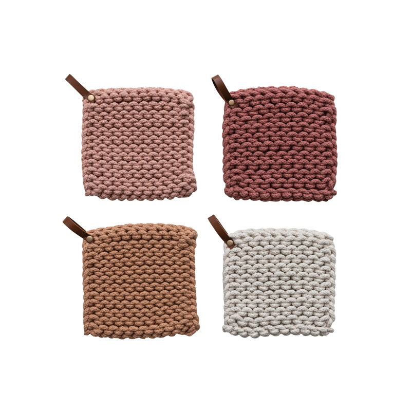 Set of 4 Multicolor Crocheted Cotton Potholders with Leather Loop