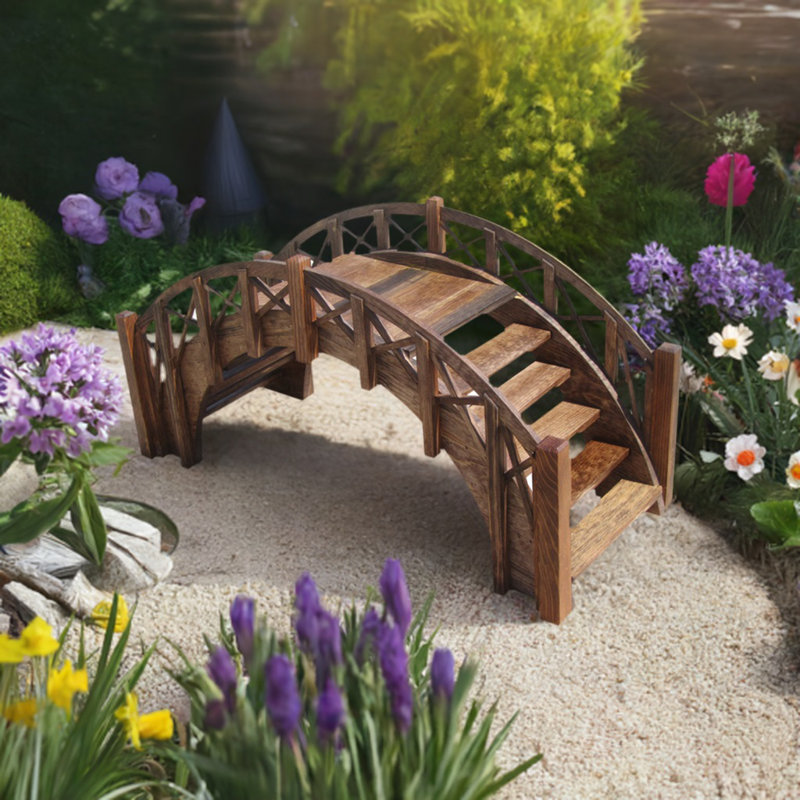 Brown Treated Wood Garden Stair Bridge with Lattice Railings