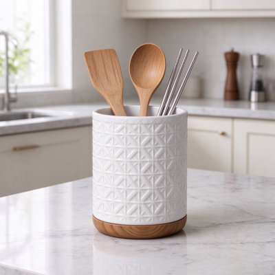 Boho Kitchen Decor Ceramic Utensil Holder with Wooden Base, Checkered Utensil Crock for Farmhouse Indoor Decor, Countertop Utensil Organizer for Spatula and Spoon