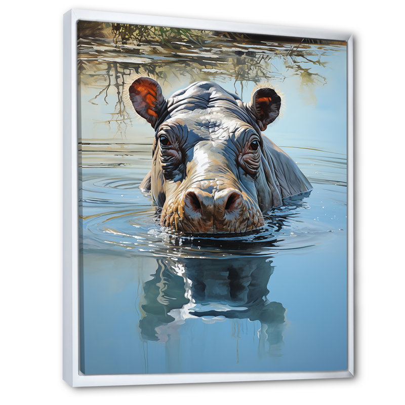 «Grey Powerful Hippo Waters Reflect I - Hippopotamus», art mural, Cadre flottant blanc, 44" H x 34" W