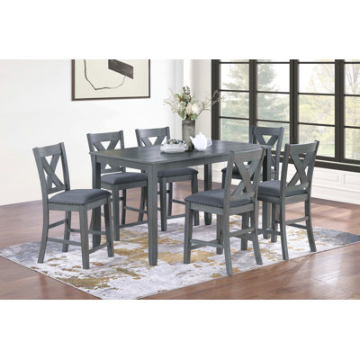Table de salle à manger grise de style moderne 6X chaises 7Pcs ensemble de hauteur de comptoir Coussin siège clouté X-Cross dossier Mobilier de salle à manger