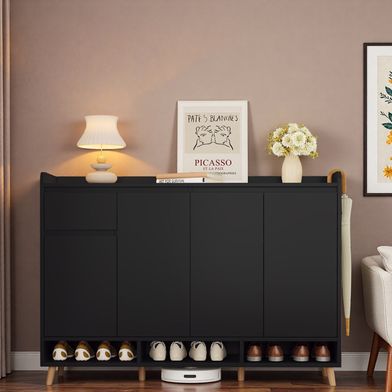 Armoire à chaussures contemporaine avec tablettes réglables, compartiments ouverts et tiroir, Noir