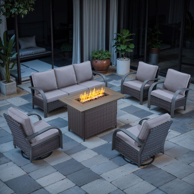 Wyland Industrial Style Outdoor Wicker Furniture Fire Pit Set With Weather-Resistant Cusions Perfect For Patios & Gardens