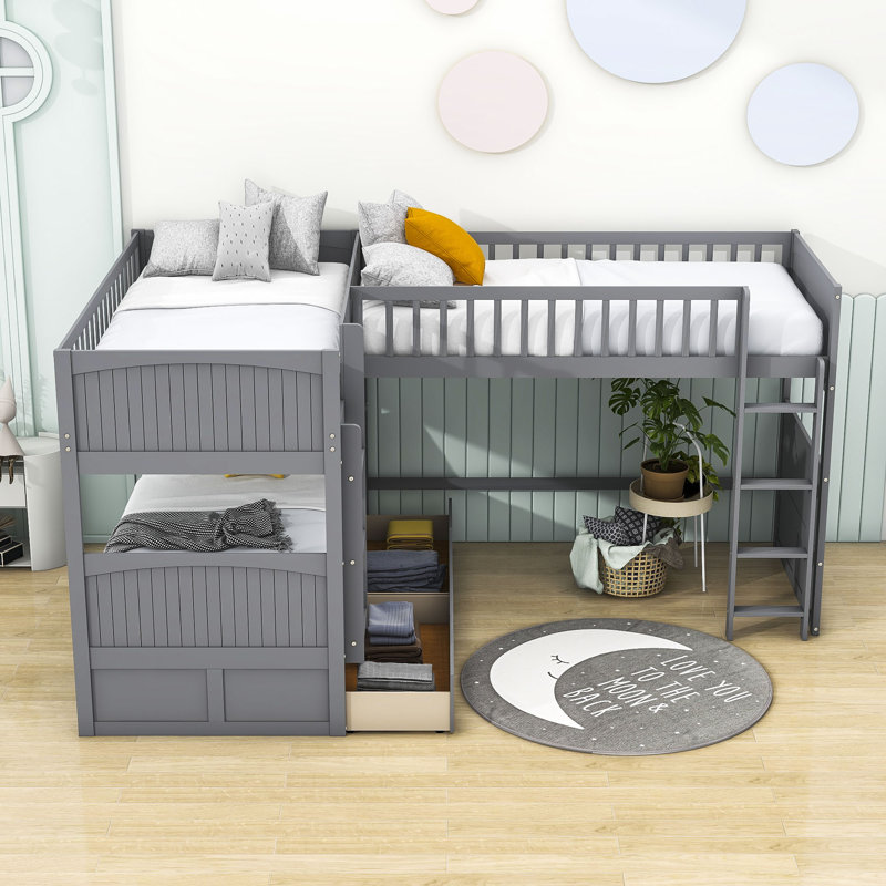 Addley Kids Twin Over Twin Over Twin Bunk Bed with Drawers, Gray
