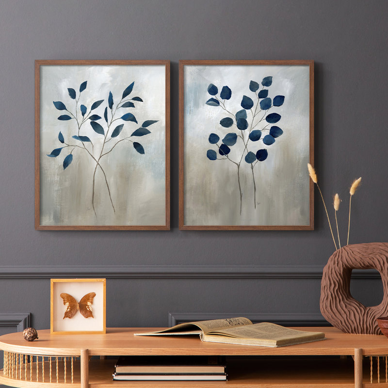 Indigo Foliage I-Premium, reproduction encadrée - prête à être accrochée - aucun clou requis - aucun clou requis, Noyer