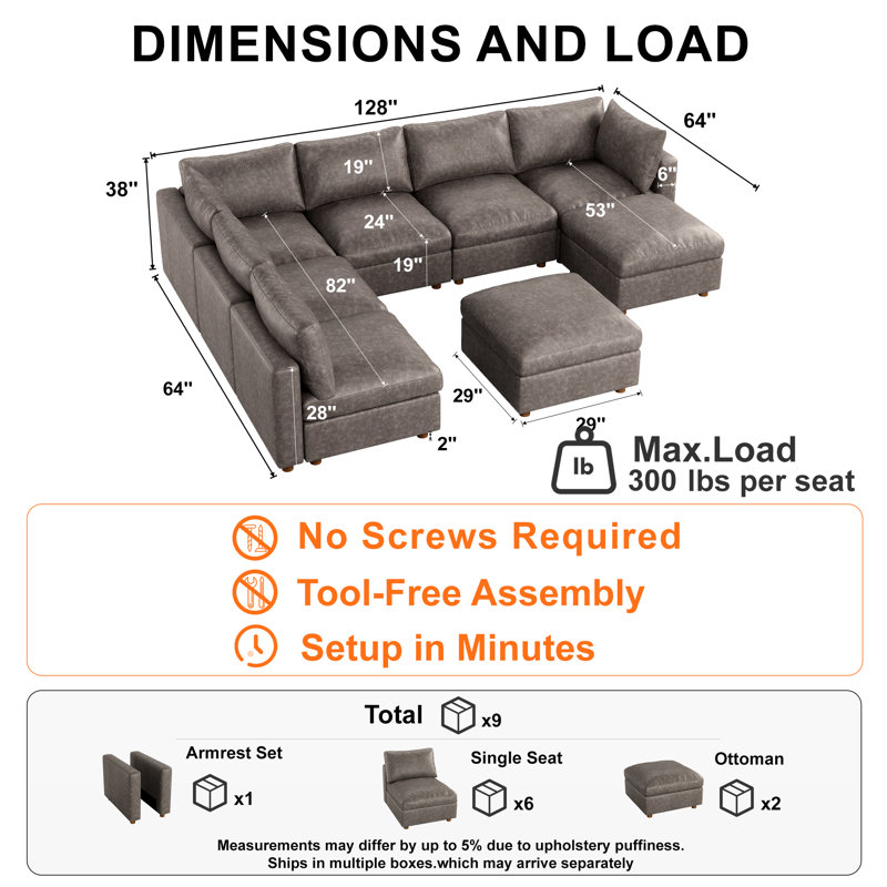 128" Leather Upholstered Sectional Sofa with Hidden Storage, 6Seaters-2, GRAY