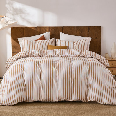 Striped Comforterr Set King Size 3 Pices 100% Cotton Comforter Set with Beige and Terracotta Vertical Stripe Design,Soft Lightweight Reversible Bedding Set for All Seasons