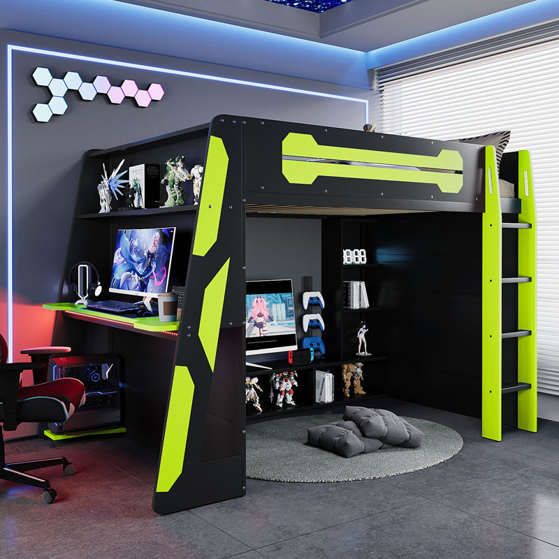 Lit mezzanine double pleine grandeur Esports, Vert / noir
