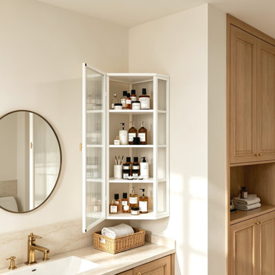 Armoire de coin murale blanche avec porte en verre, rangement à quatre niveaux pour une utilisation dans plusieurs pièces