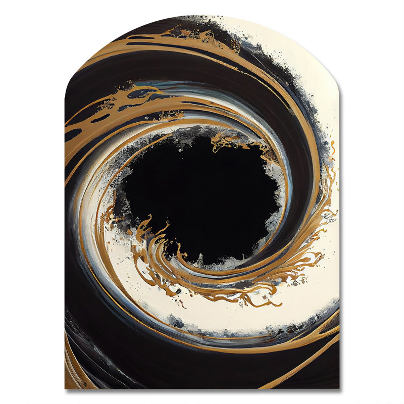 «Black and Gold Circle V - Abstract Spirals», art mural asymétrique en métal, arche noire, H 34 po x l 25 po