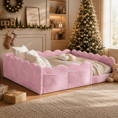 Lympsham Cloud-Plush Rabbit Fur Full Floor Bed with Scalloped Wave Guardrails and Built-In Storybook Pockets