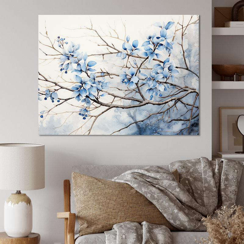 Art sur toile, feuilles bleues et grises, H 16 po x l 32 po x P 1 po, Toile tendue