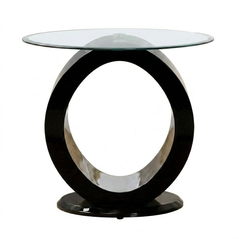 Vanna Table de bout ronde en verre trempé noir avec base en forme de O et finition ultrabrillante