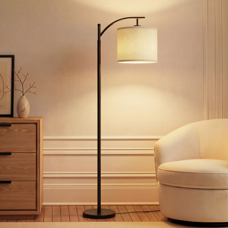Montage 62" Traditional LED Arched Floor Lamp with Black Finish and White Fabric Drum Shade, Bulb Included, Black