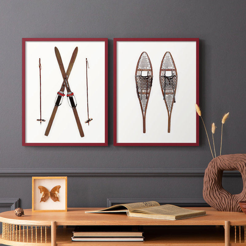 Skis rétro - reproduction encadrée de qualité supérieure - prêt à être accroché - aucun clou requis - aucun clou requis