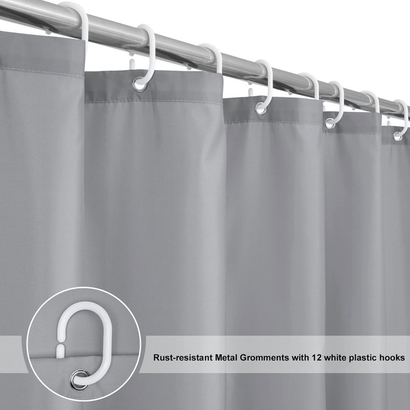 Bathroom Shower Curtain 180 x 180cm Drop with 12 Plastic Hooks, Grey