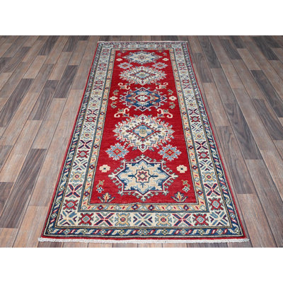 2'7"x6'5" Scarlet Red, Kazak with Geometric Medallions Design, Soft and Shiny Wool, Hand Knotted, Vegetable Dyes, Denser Weave, Runner, Oriental Rug