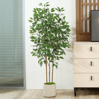 Adcock Faux Ficus Tree in Pot with White Planter, Faux Green Ficus Plant, Fake Tree for Home Décor