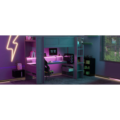Lit mezzanine en bois avec bureau, tablettes multiples, DEL et station de charge