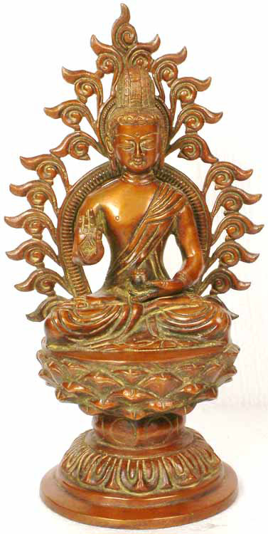 Le Bouddha bénit contre une auréole enflammée
