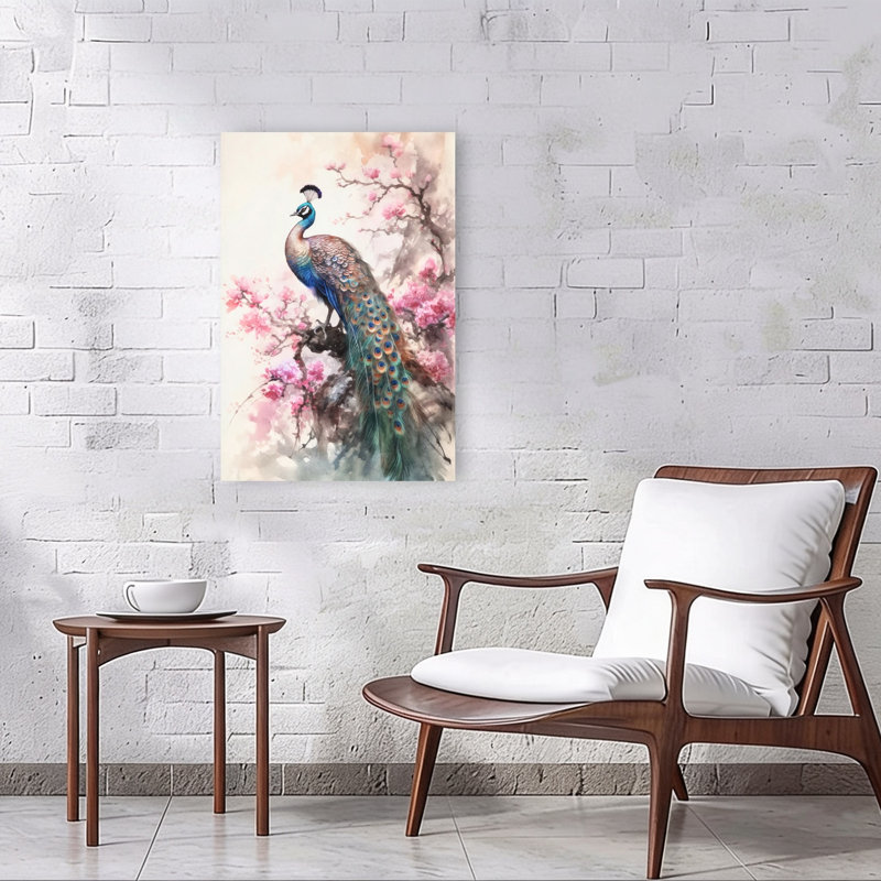 Peacock Among Cherry Blossoms Contemporary Bird Animal Flower Wall Art Print 1 Piece Wrapped Canvas Wall Art