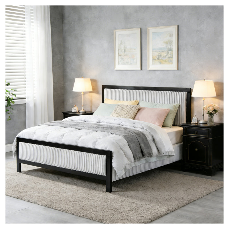 Structure de lit plateforme grand tapissier avec tête de lit capitonnée et lattes silencieuses - bois noir et tissu gris