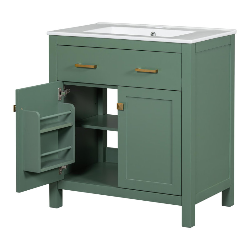 Meuble-lavabo moderne de 30 po avec rangement, Vert, Doré