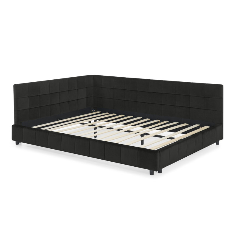 Queen Size Upholstered Tufted Sofa Bed Frame, Velvet Headboard & Armrests, Comfortable Backrest, Black, Black, Queen