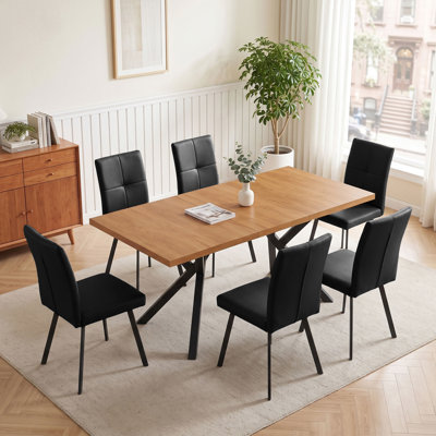 7-Piece Extendable Dining Table Set, Mdf Extendable Table With Metal Legs, And 6 Pu Dining Chairs