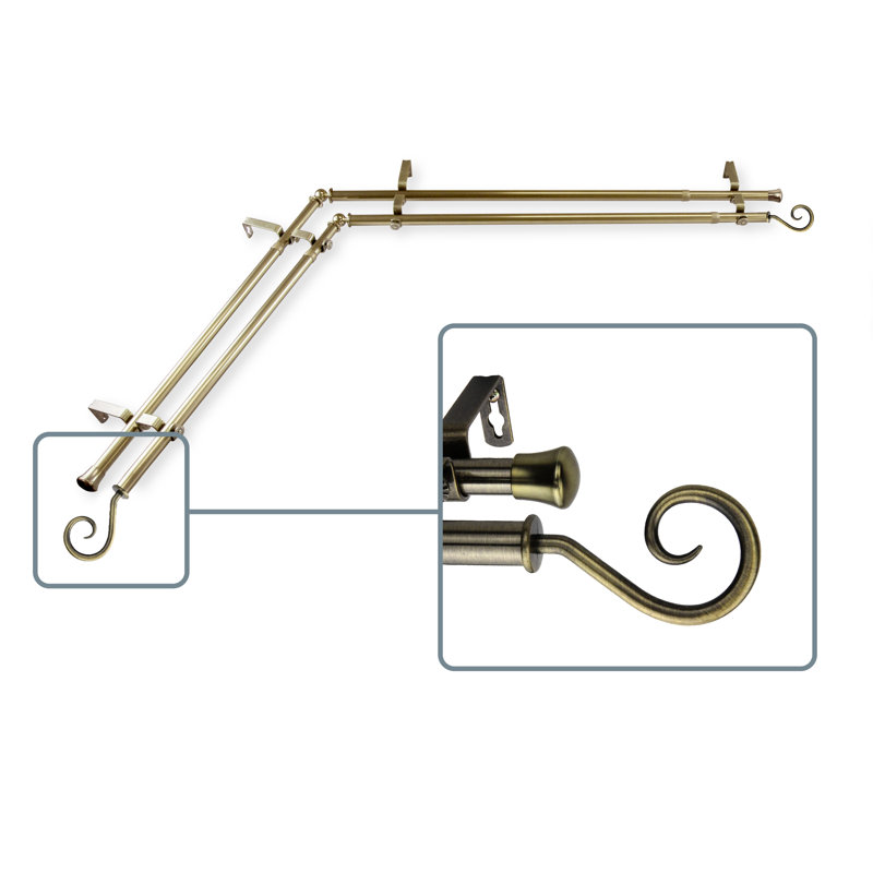 Ensemble de tringle à rideaux double et quincaillerie pour fenêtre d’angle Bragdon, H 66 po x l 120 po, Laiton antique
